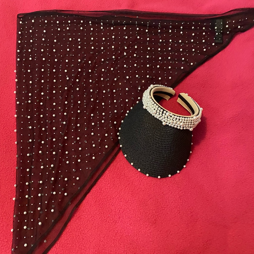 Sun Visor Set Rachel Zoe B&W Pearl coordinated Pearl shawl 60”x40” x40”